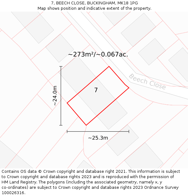 7, BEECH CLOSE, BUCKINGHAM, MK18 1PG: Plot and title map