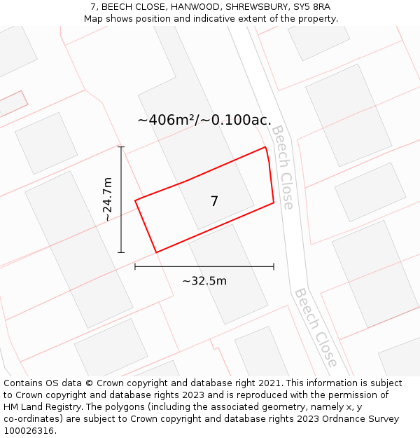 7, BEECH CLOSE, HANWOOD, SHREWSBURY, SY5 8RA: Plot and title map