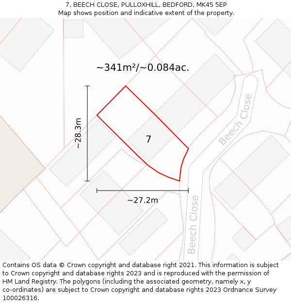 7, BEECH CLOSE, PULLOXHILL, BEDFORD, MK45 5EP: Plot and title map