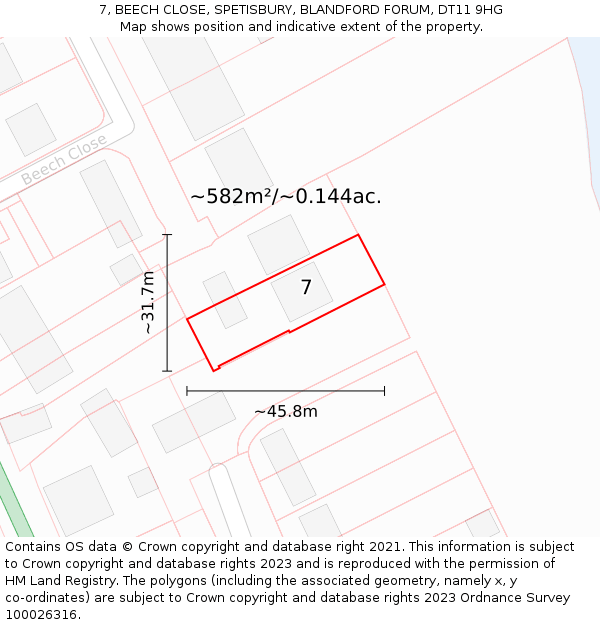 7, BEECH CLOSE, SPETISBURY, BLANDFORD FORUM, DT11 9HG: Plot and title map