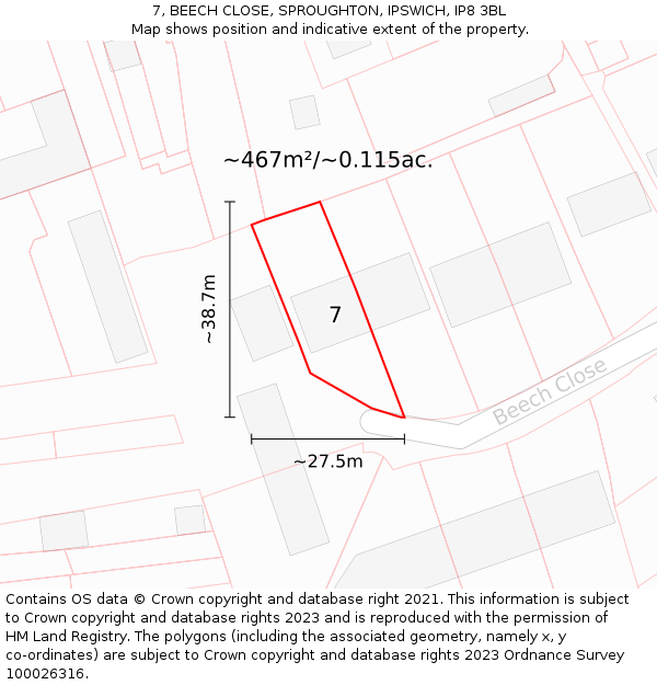 7, BEECH CLOSE, SPROUGHTON, IPSWICH, IP8 3BL: Plot and title map
