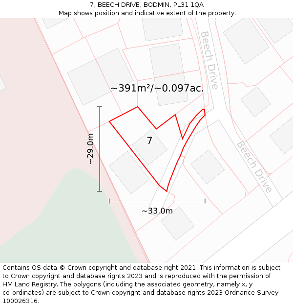 7, BEECH DRIVE, BODMIN, PL31 1QA: Plot and title map