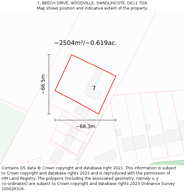 7, BEECH DRIVE, WOODVILLE, SWADLINCOTE, DE11 7DA: Plot and title map