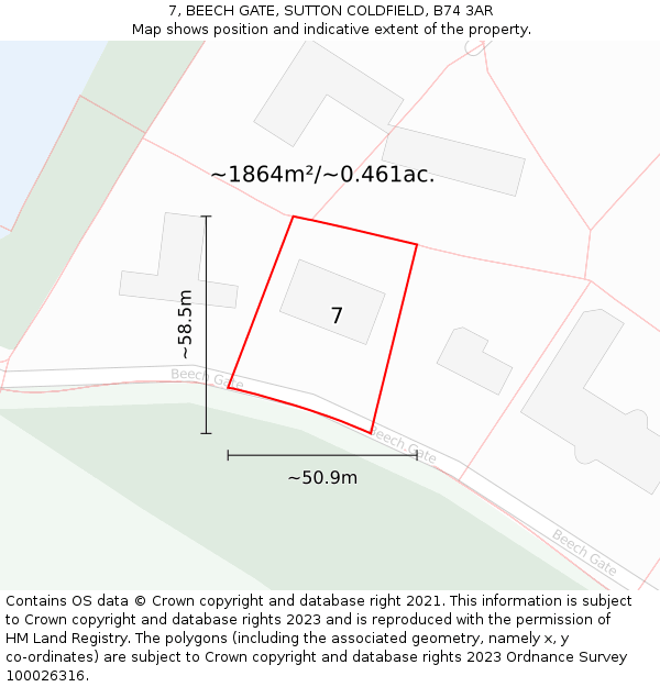 7, BEECH GATE, SUTTON COLDFIELD, B74 3AR: Plot and title map