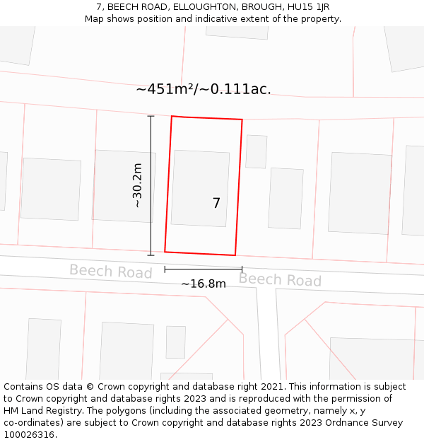 7, BEECH ROAD, ELLOUGHTON, BROUGH, HU15 1JR: Plot and title map
