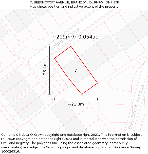 7, BEECHCROFT AVENUE, BRANDON, DURHAM, DH7 8TF: Plot and title map