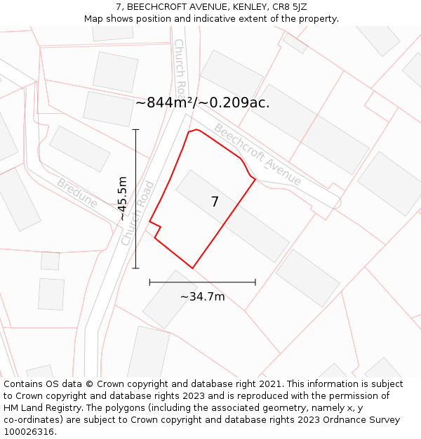 7, BEECHCROFT AVENUE, KENLEY, CR8 5JZ: Plot and title map