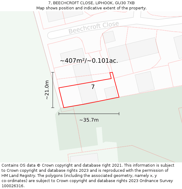 7, BEECHCROFT CLOSE, LIPHOOK, GU30 7XB: Plot and title map