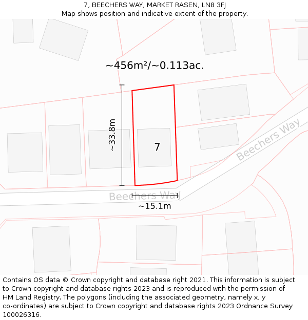 7, BEECHERS WAY, MARKET RASEN, LN8 3FJ: Plot and title map