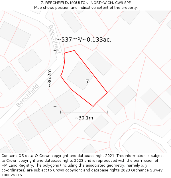 7, BEECHFIELD, MOULTON, NORTHWICH, CW9 8PF: Plot and title map