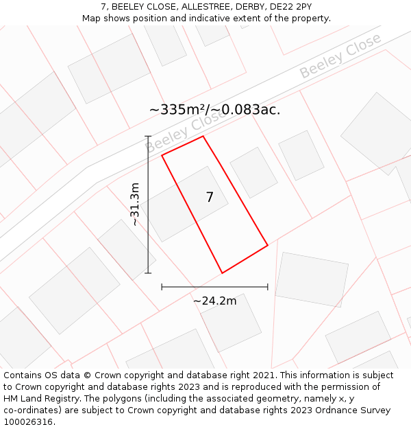 7, BEELEY CLOSE, ALLESTREE, DERBY, DE22 2PY: Plot and title map