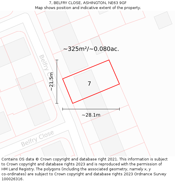 7, BELFRY CLOSE, ASHINGTON, NE63 9GF: Plot and title map