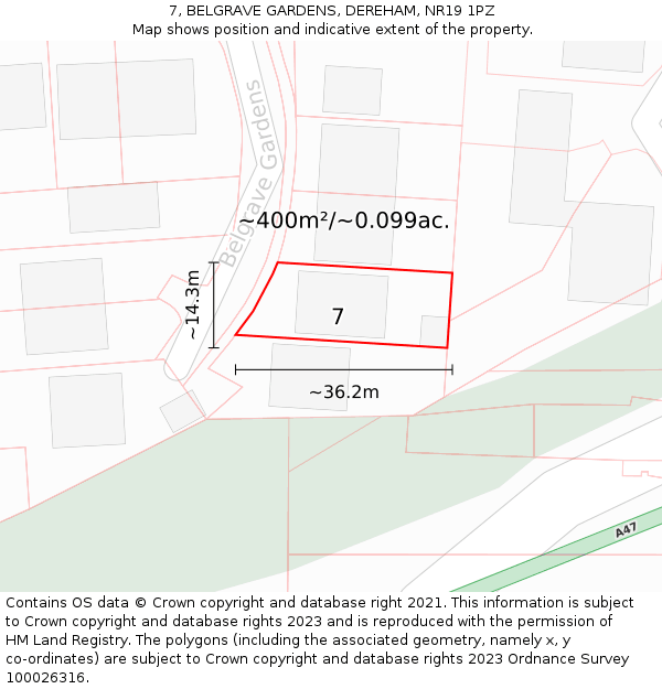 7, BELGRAVE GARDENS, DEREHAM, NR19 1PZ: Plot and title map