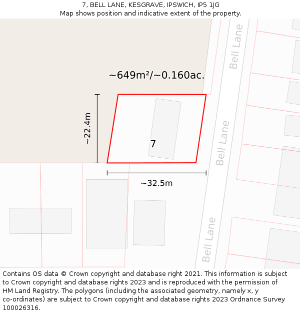 7, BELL LANE, KESGRAVE, IPSWICH, IP5 1JG: Plot and title map