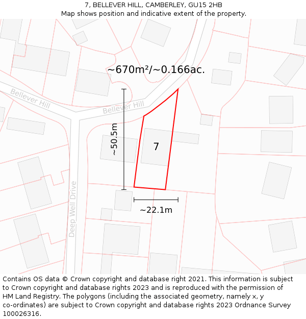 7, BELLEVER HILL, CAMBERLEY, GU15 2HB: Plot and title map
