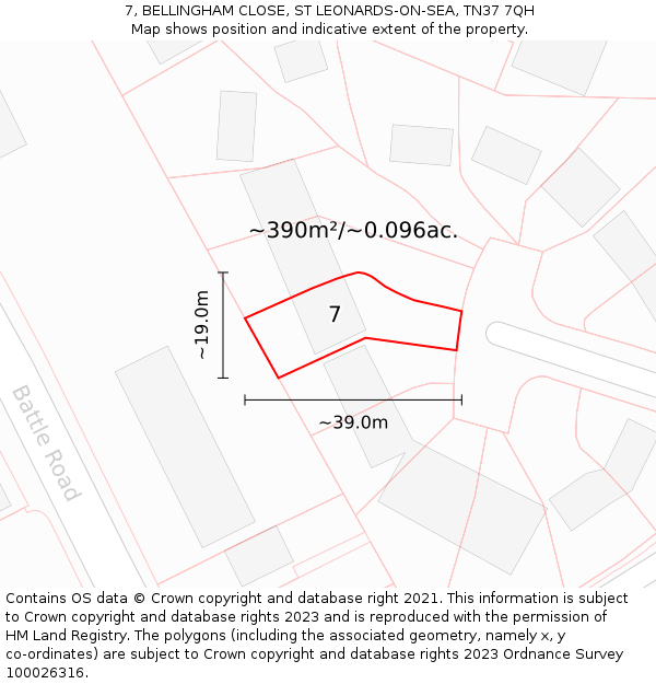 7, BELLINGHAM CLOSE, ST LEONARDS-ON-SEA, TN37 7QH: Plot and title map