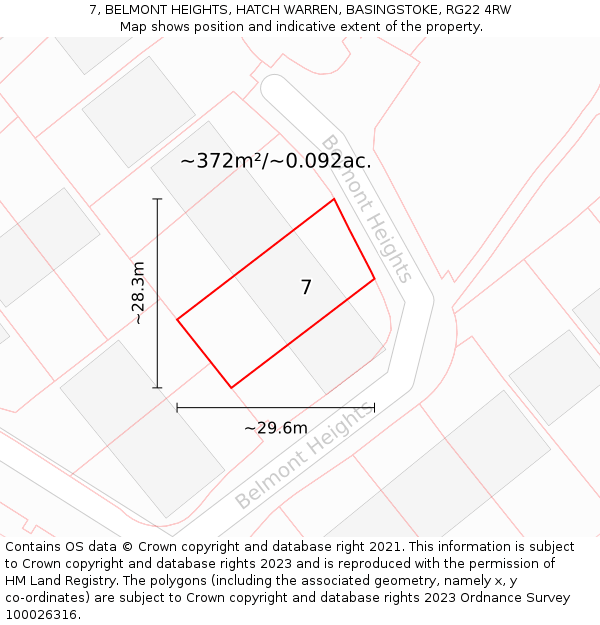 7, BELMONT HEIGHTS, HATCH WARREN, BASINGSTOKE, RG22 4RW: Plot and title map