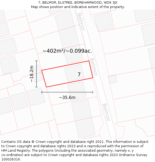 7, BELMOR, ELSTREE, BOREHAMWOOD, WD6 3JX: Plot and title map