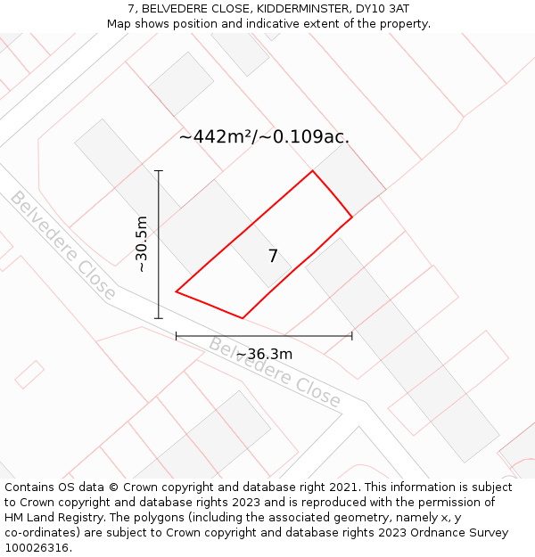 7, BELVEDERE CLOSE, KIDDERMINSTER, DY10 3AT: Plot and title map