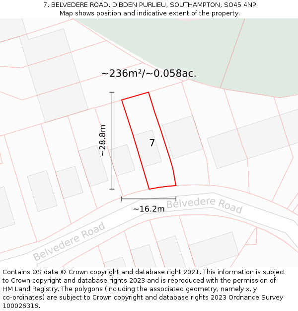 7, BELVEDERE ROAD, DIBDEN PURLIEU, SOUTHAMPTON, SO45 4NP: Plot and title map