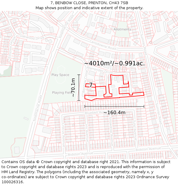 7, BENBOW CLOSE, PRENTON, CH43 7SB: Plot and title map
