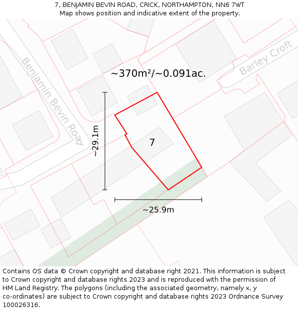 7, BENJAMIN BEVIN ROAD, CRICK, NORTHAMPTON, NN6 7WT: Plot and title map