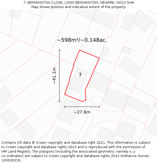 7, BENNINGTON CLOSE, LONG BENNINGTON, NEWARK, NG23 5HA: Plot and title map
