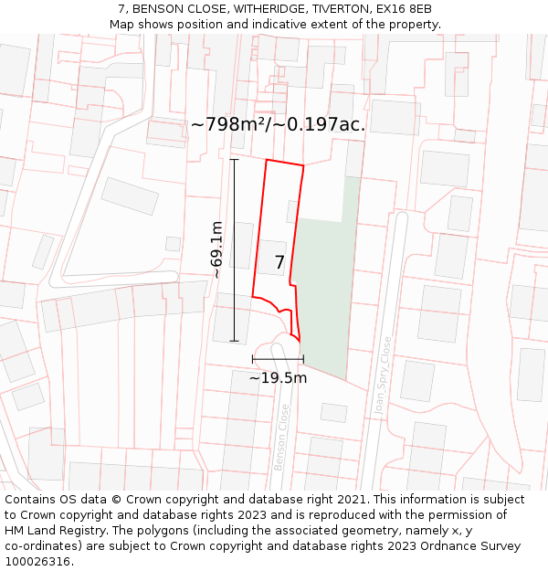 7, BENSON CLOSE, WITHERIDGE, TIVERTON, EX16 8EB: Plot and title map