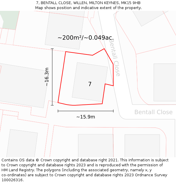 7, BENTALL CLOSE, WILLEN, MILTON KEYNES, MK15 9HB: Plot and title map