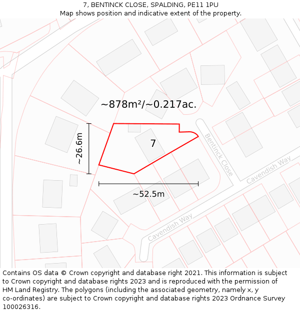 7, BENTINCK CLOSE, SPALDING, PE11 1PU: Plot and title map