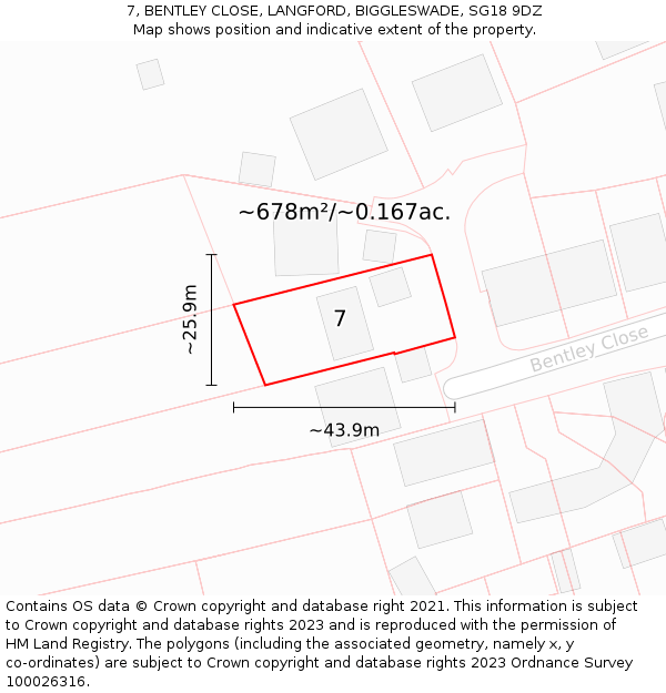 7, BENTLEY CLOSE, LANGFORD, BIGGLESWADE, SG18 9DZ: Plot and title map