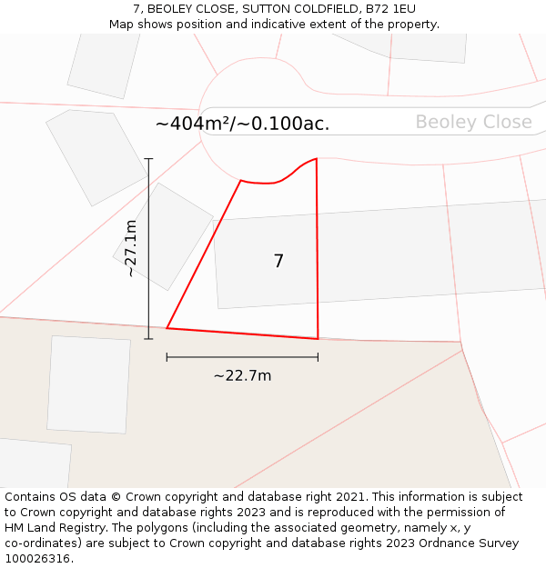 7, BEOLEY CLOSE, SUTTON COLDFIELD, B72 1EU: Plot and title map