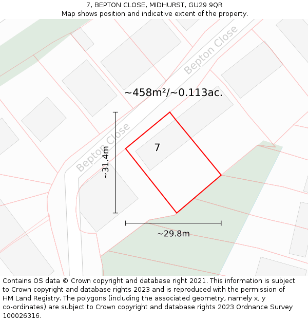 7, BEPTON CLOSE, MIDHURST, GU29 9QR: Plot and title map