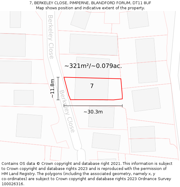 7, BERKELEY CLOSE, PIMPERNE, BLANDFORD FORUM, DT11 8UF: Plot and title map