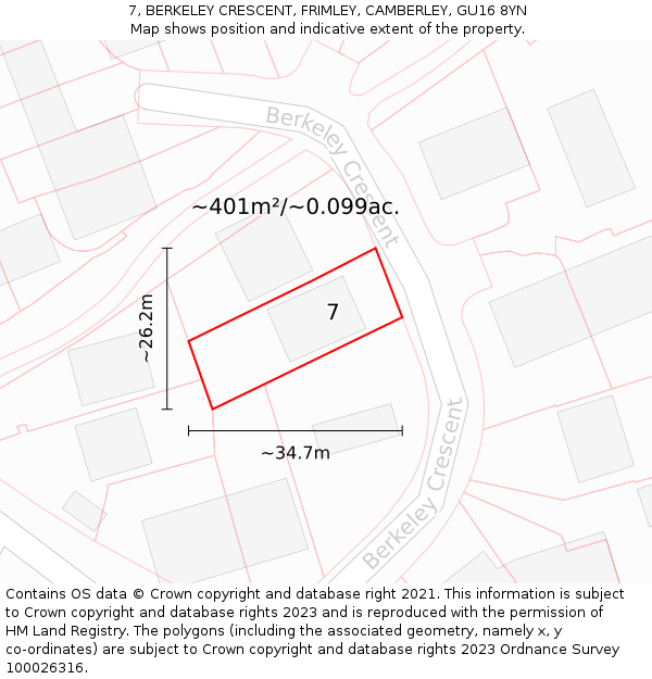 7, BERKELEY CRESCENT, FRIMLEY, CAMBERLEY, GU16 8YN: Plot and title map