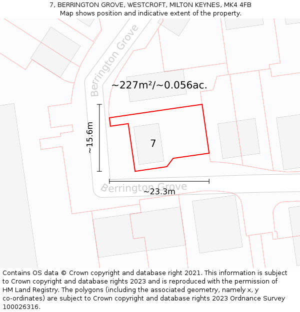 7, BERRINGTON GROVE, WESTCROFT, MILTON KEYNES, MK4 4FB: Plot and title map