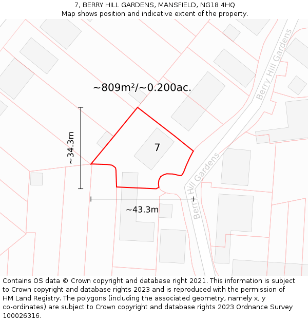7, BERRY HILL GARDENS, MANSFIELD, NG18 4HQ: Plot and title map