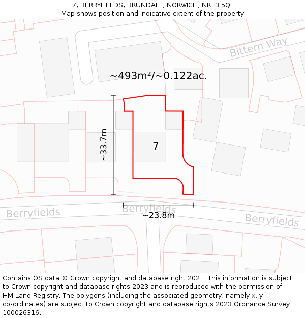 7, BERRYFIELDS, BRUNDALL, NORWICH, NR13 5QE: Plot and title map