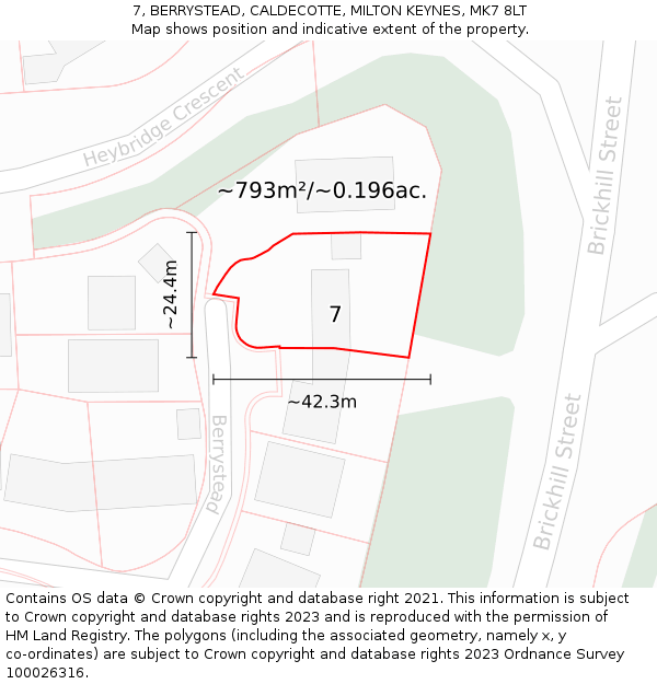 7, BERRYSTEAD, CALDECOTTE, MILTON KEYNES, MK7 8LT: Plot and title map