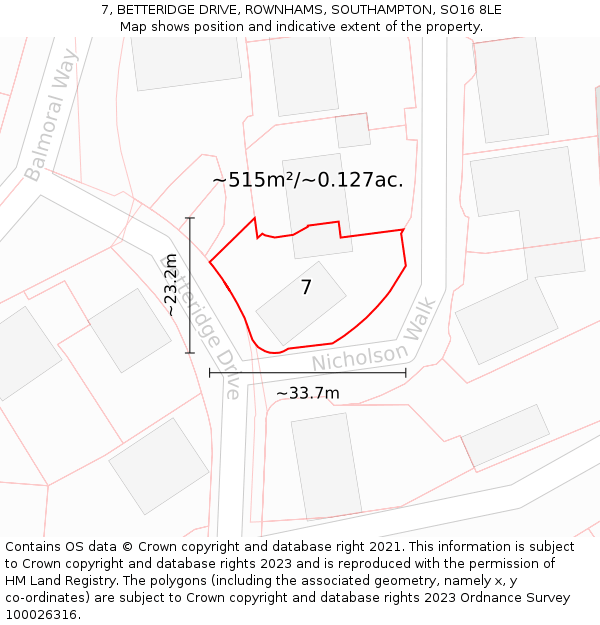 7, BETTERIDGE DRIVE, ROWNHAMS, SOUTHAMPTON, SO16 8LE: Plot and title map