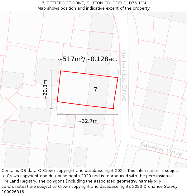 7, BETTERIDGE DRIVE, SUTTON COLDFIELD, B76 1FN: Plot and title map