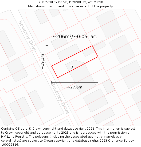 7, BEVERLEY DRIVE, DEWSBURY, WF12 7NB: Plot and title map