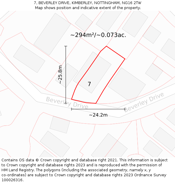 7, BEVERLEY DRIVE, KIMBERLEY, NOTTINGHAM, NG16 2TW: Plot and title map