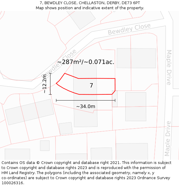 7, BEWDLEY CLOSE, CHELLASTON, DERBY, DE73 6PT: Plot and title map