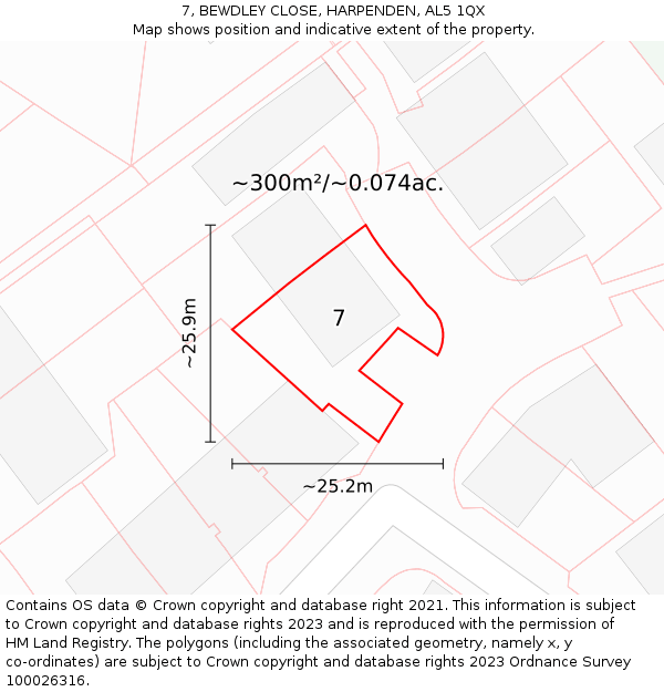 7, BEWDLEY CLOSE, HARPENDEN, AL5 1QX: Plot and title map