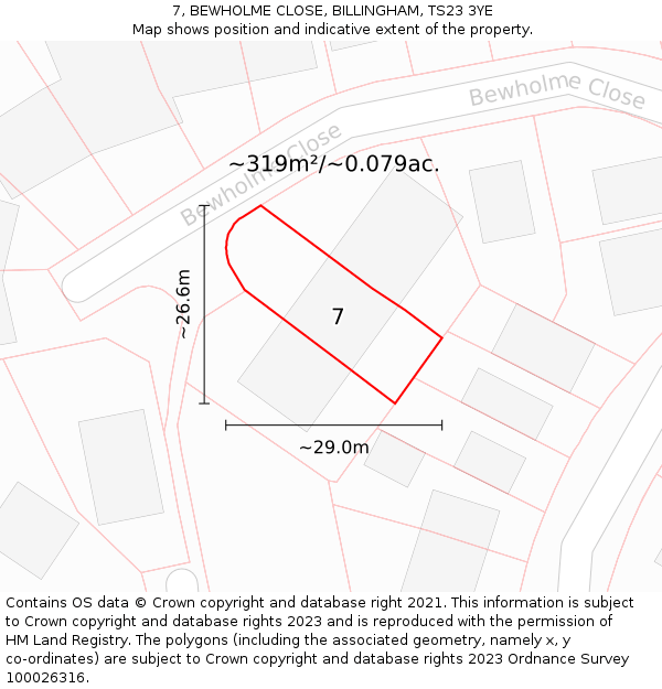 7, BEWHOLME CLOSE, BILLINGHAM, TS23 3YE: Plot and title map