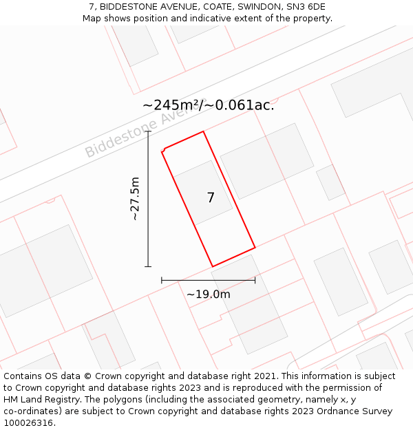 7, BIDDESTONE AVENUE, COATE, SWINDON, SN3 6DE: Plot and title map