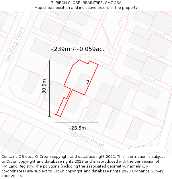7, BIRCH CLOSE, BRAINTREE, CM7 2SA: Plot and title map