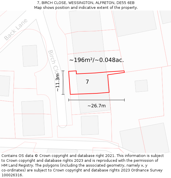 7, BIRCH CLOSE, WESSINGTON, ALFRETON, DE55 6EB: Plot and title map