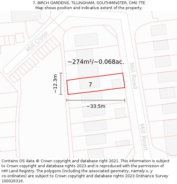 7, BIRCH GARDENS, TILLINGHAM, SOUTHMINSTER, CM0 7TE: Plot and title map
